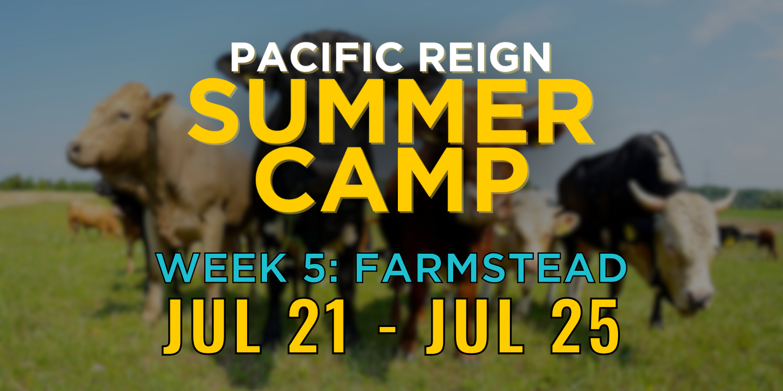 A group of cows standing on a farm field under a blue sky with green grass in the background, overlaid with text about a summer camp week.