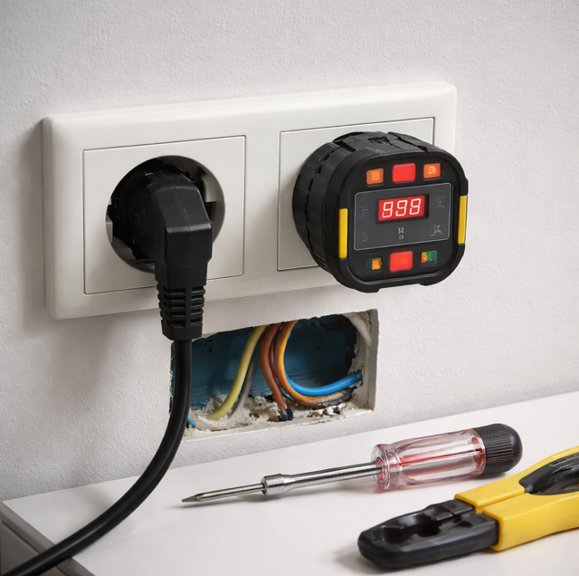 electrician testing outlet with plug-in receptacle tester