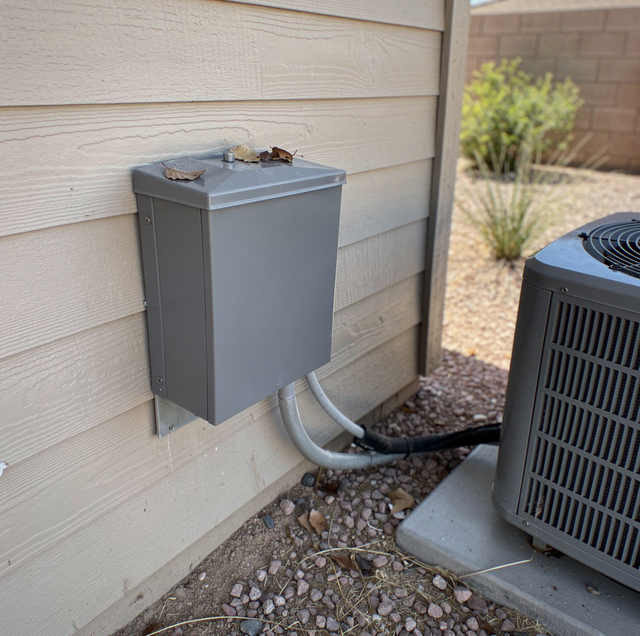 Gray metal box mounted on horizontal siding wall next to HVAC equipment on gravel ground.