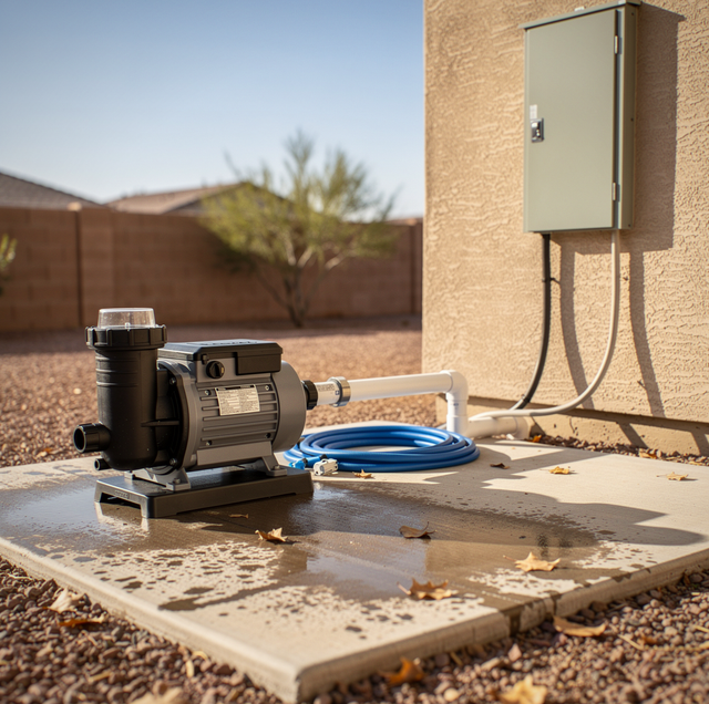 Pool pump motor wired to dedicated breaker at equipment pad