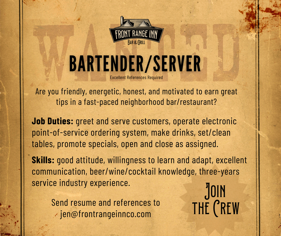 Front Range Inn bartender/server job description graphic