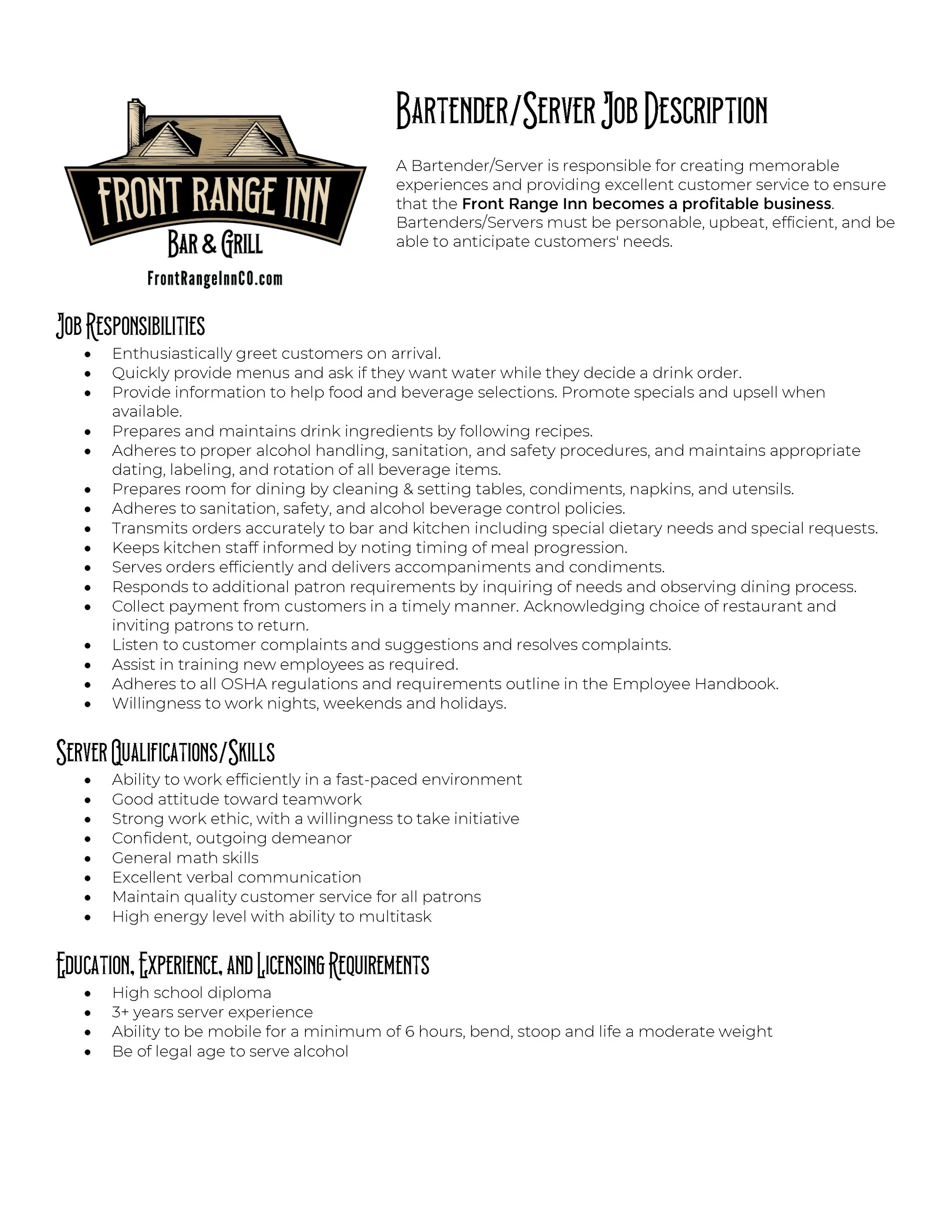 Front Range Inn bartender/server job description large format graphic