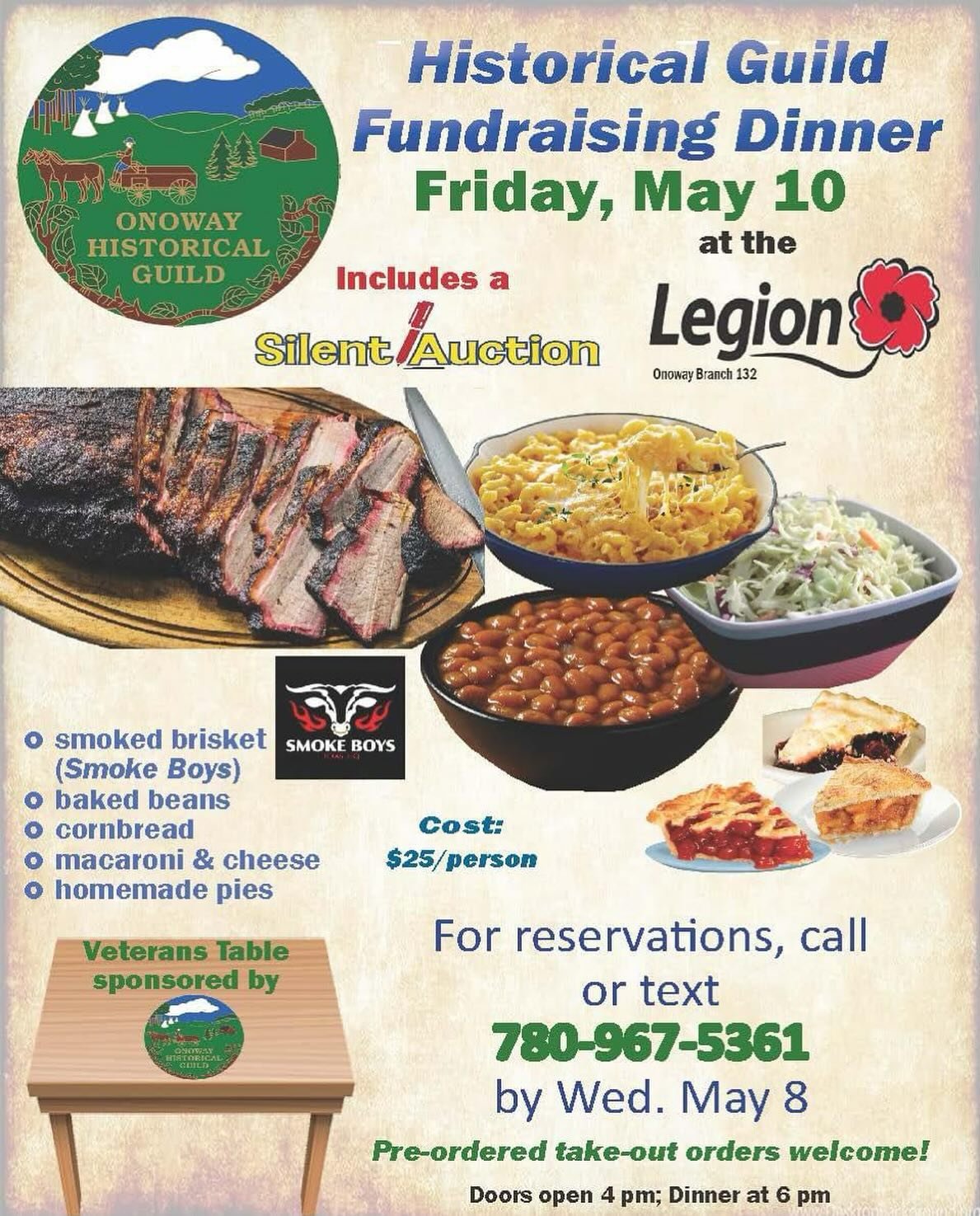 Join us for a smoked brisket dinner with @smokeboystexasbbq at the @onowaylegion132 on Friday, May 10th! Make your reservations by Wednesday, May 8th.

#onoway #onowaymuseum #museum #history #alberta #albertamuseums #travelalberta #fundraiser #dinner