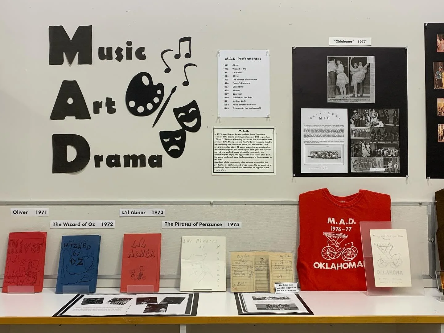 Visit the new and improved M.A.D. exhibit in the Museum, and accompanying feature display near the Heritage Centre entrance! M.A.D. was a combined music, art, and drama program at OHS that produced musicals throughout the 1970s and early 80s. We are