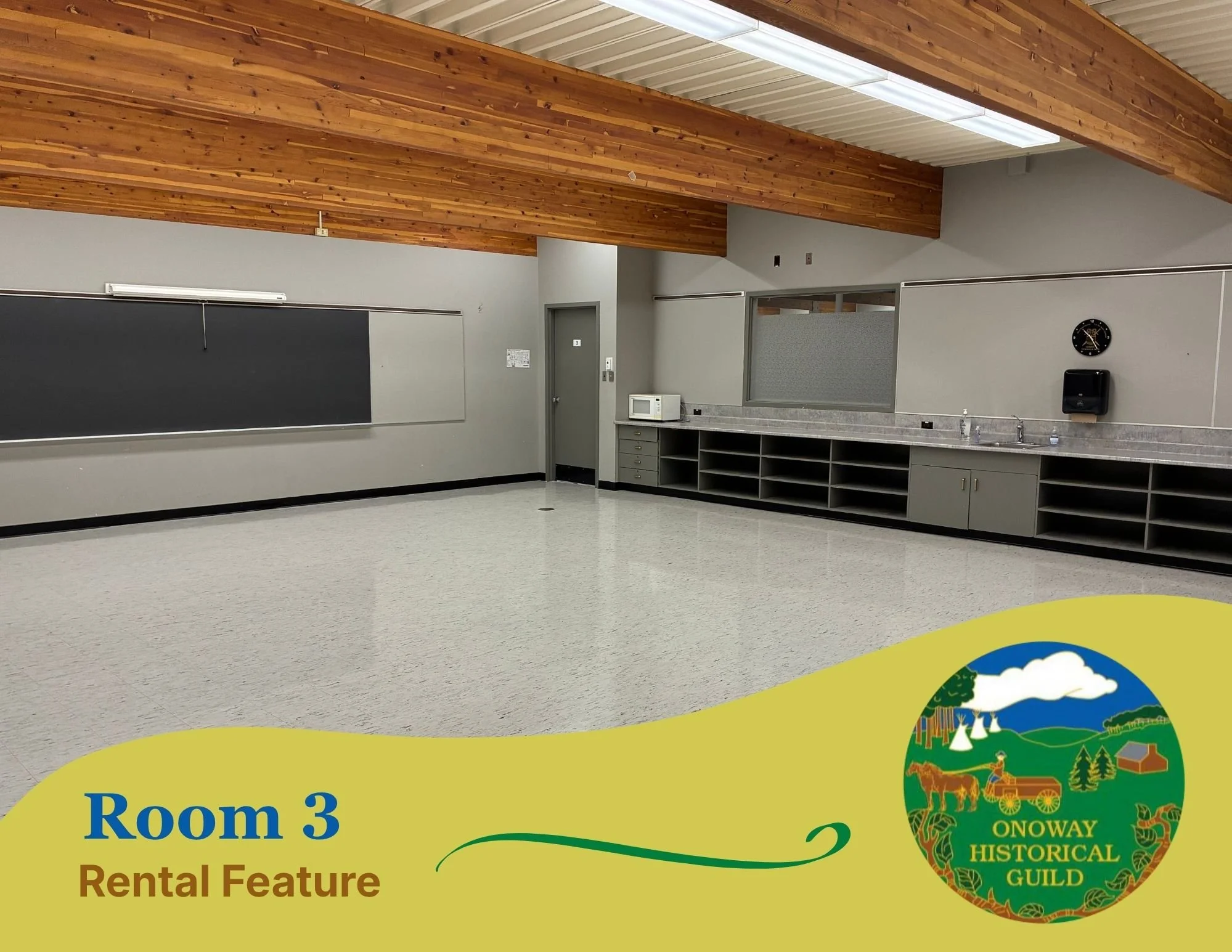 Room 3 is one of our larger rental spaces, offering 1,022 square feet and seating for up to 50 people. It includes a built-in projector screen, a whiteboard, and plenty of tables and chairs to accommodate meetings, workshops, or group activities. The