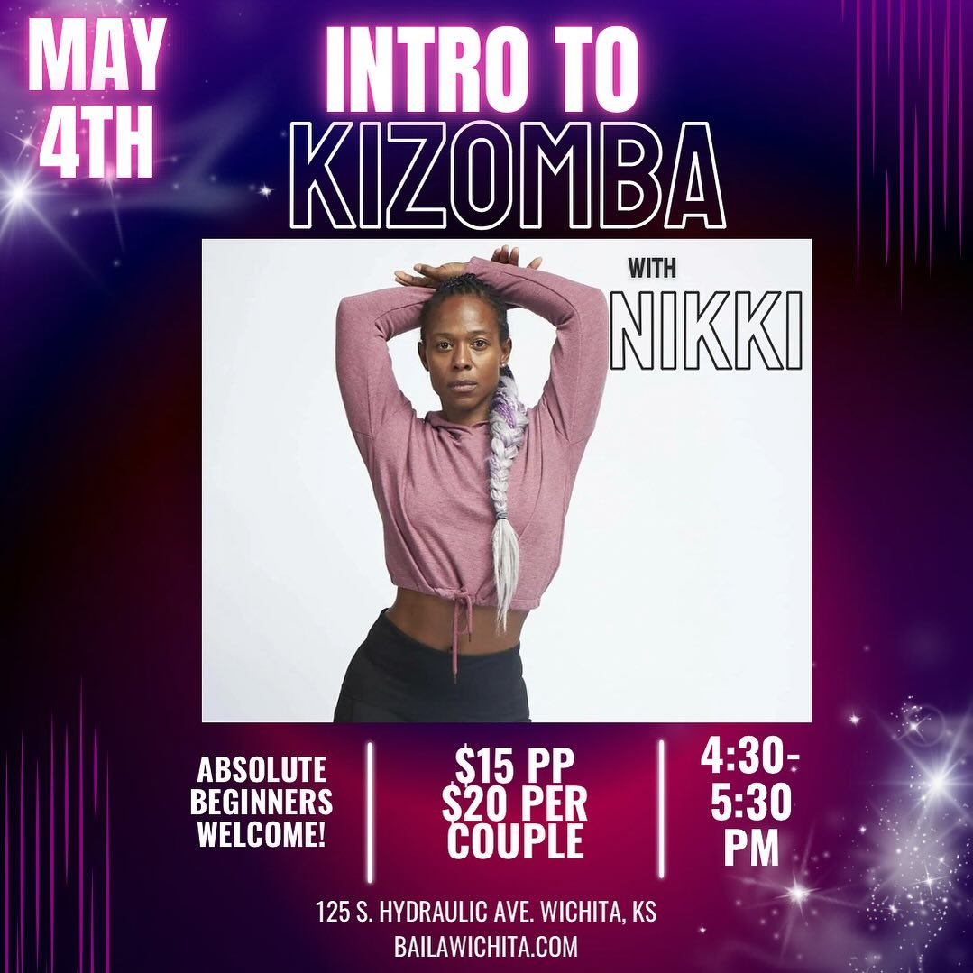 ✨✨INTRO TO KIZOMBA✨✨

Join us after our samba class to learn Kizomba! With its origins in Africa, kizomba is a popular social dance style that combines elements of tango with sensual hip movements!

✅ $15pp | $20 per couple
✅ Preregister at bailawich
