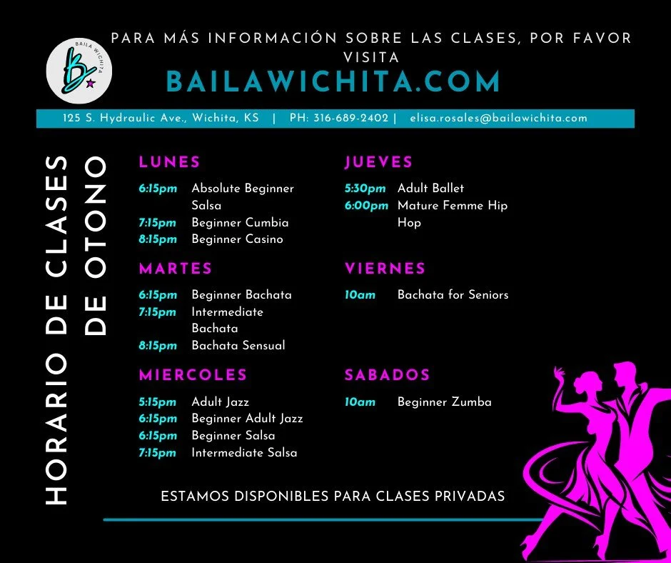 🍁 Feel the rhythm this fall!
Our Baila Wichita Fall Dance Classes are here &mdash; most are drop-in style: just show up, pay, and dance! 💃🕺
Whether you're brushing up your moves or starting fresh, you'll enjoy learning, connect with a welcoming co