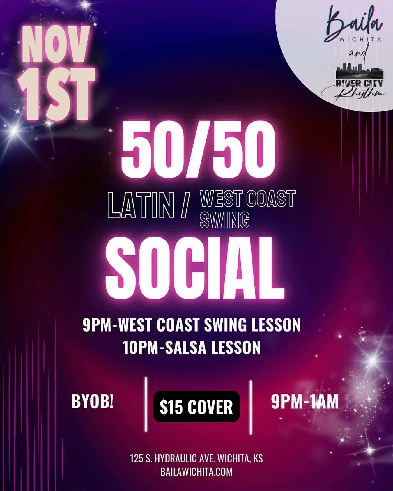 You&rsquo;re Invited! 🎉
Join River City Rhythm and our wonderful friends at Baila Wichita for another fun-filled night of West Coast Swing and Latin dancing! Whether you&rsquo;re just starting out or have been dancing for years, this is the perfect 