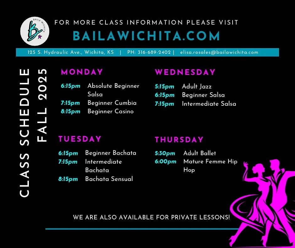 🍁 Check out our updated Fall Schedule!
Our Baila Wichita Fall Dance Classes are here &mdash; most are drop-in style: just show up, pay, and dance! 💃🕺
Whether you&rsquo;re brushing up your moves or starting fresh, you&rsquo;ll enjoy learning, conne