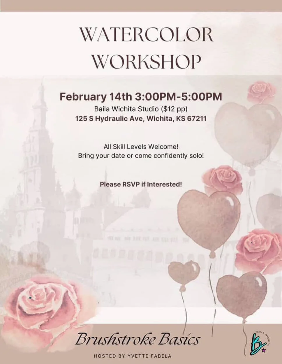 Come join us at Baila Wichita on Valentine&rsquo;s Day to learn and explore watercolor techniques! We&rsquo;ll have fun experimenting with painting using wine, then move on to creating a romantic architectural scene. Come solo or make it a date!

🎨 