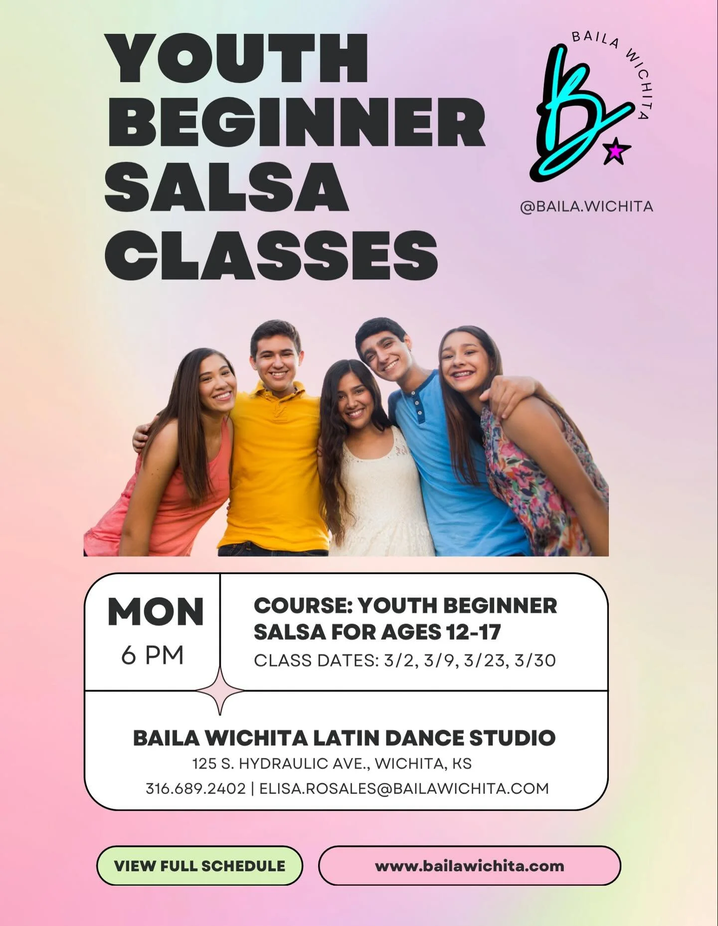 Exciting news! We are offering a 4-week Beginner Salsa Course for students ages 12-17! Registration for this course is now open at www.bailawichita.com

No dance experience or partner needed. Enroll your kids today!

Cost: $45 for 4 classes 
📍: 125 