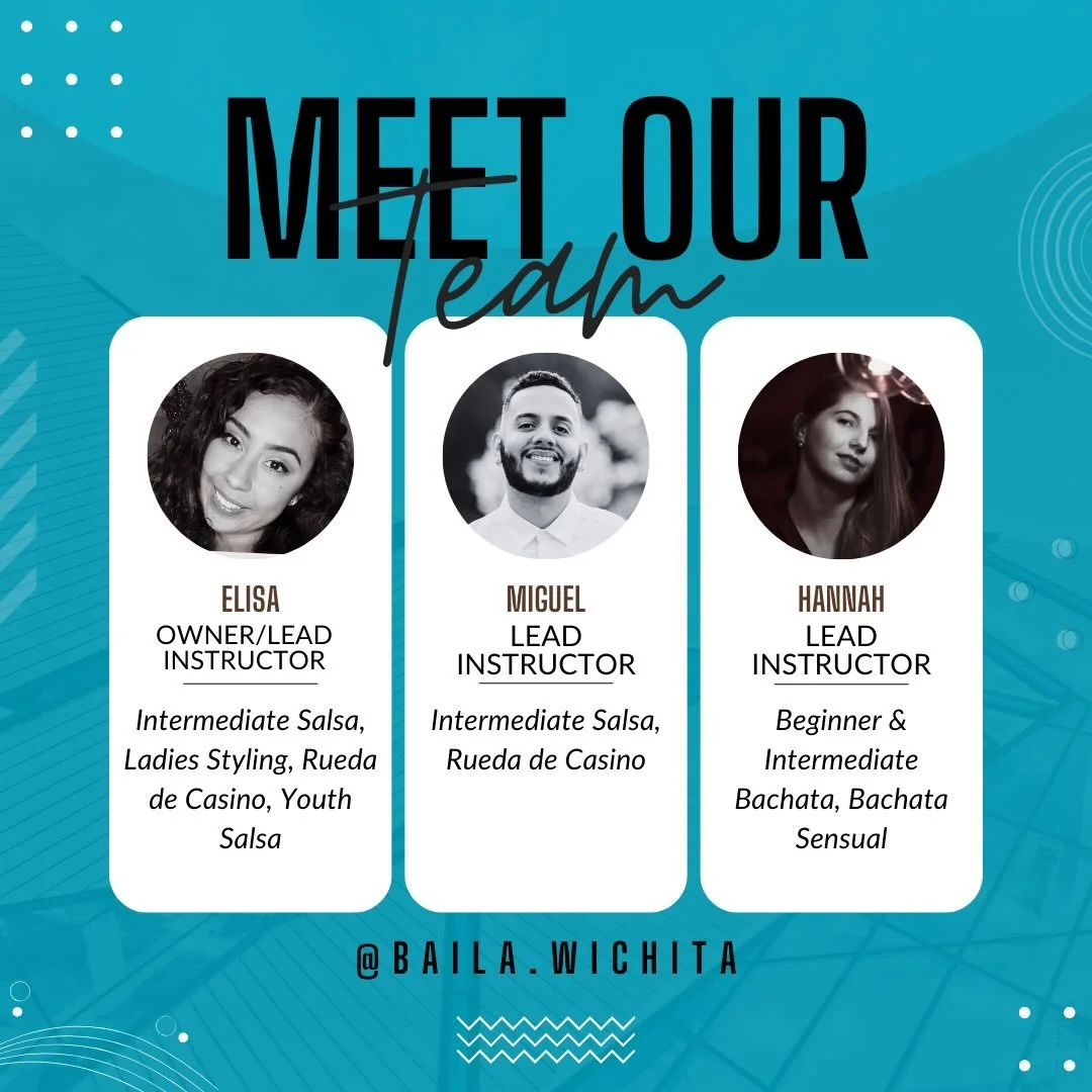 Meet the team of instructors at Baila Wichita! These amazing people ensure that we offer engaging salsa and bachata lessons every week!

Did you know that you can book private lessons with these instructors at our studio? For more information, visit 