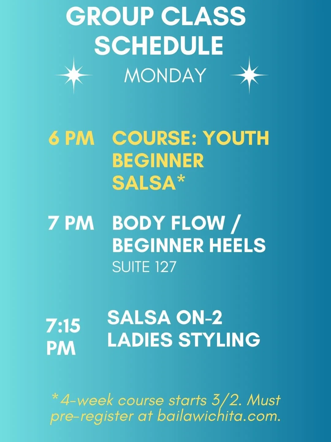 🍀March Weekly Group Classes!🍀

Be sure to preregister for the 4-week courses at bailawichita.com

All other classes are drop-in friendly. Simply pay right before class. Questions? Send us a message or comment below.