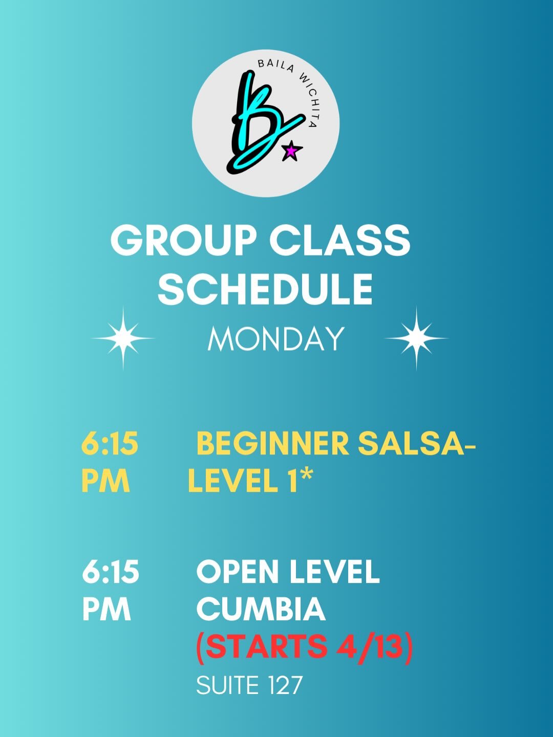 Here&rsquo;s our updated group class schedule for April!
For more info, go to our website: bailawichita.com