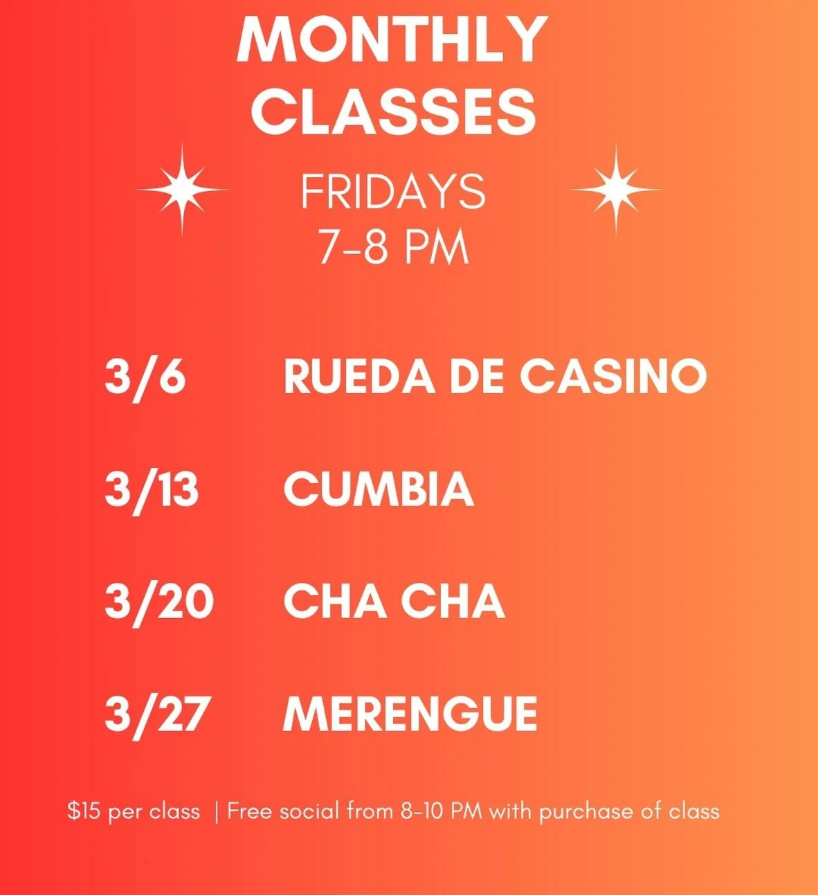 In addition to our weekly classes, we are offering a few monthly classes in different genres! Please check out the Friday classes in casino, cumbia, cha cha, and merengue! Each class is followed by a 2 hour practice social.

🚨Update: 3/20 cha cha cl
