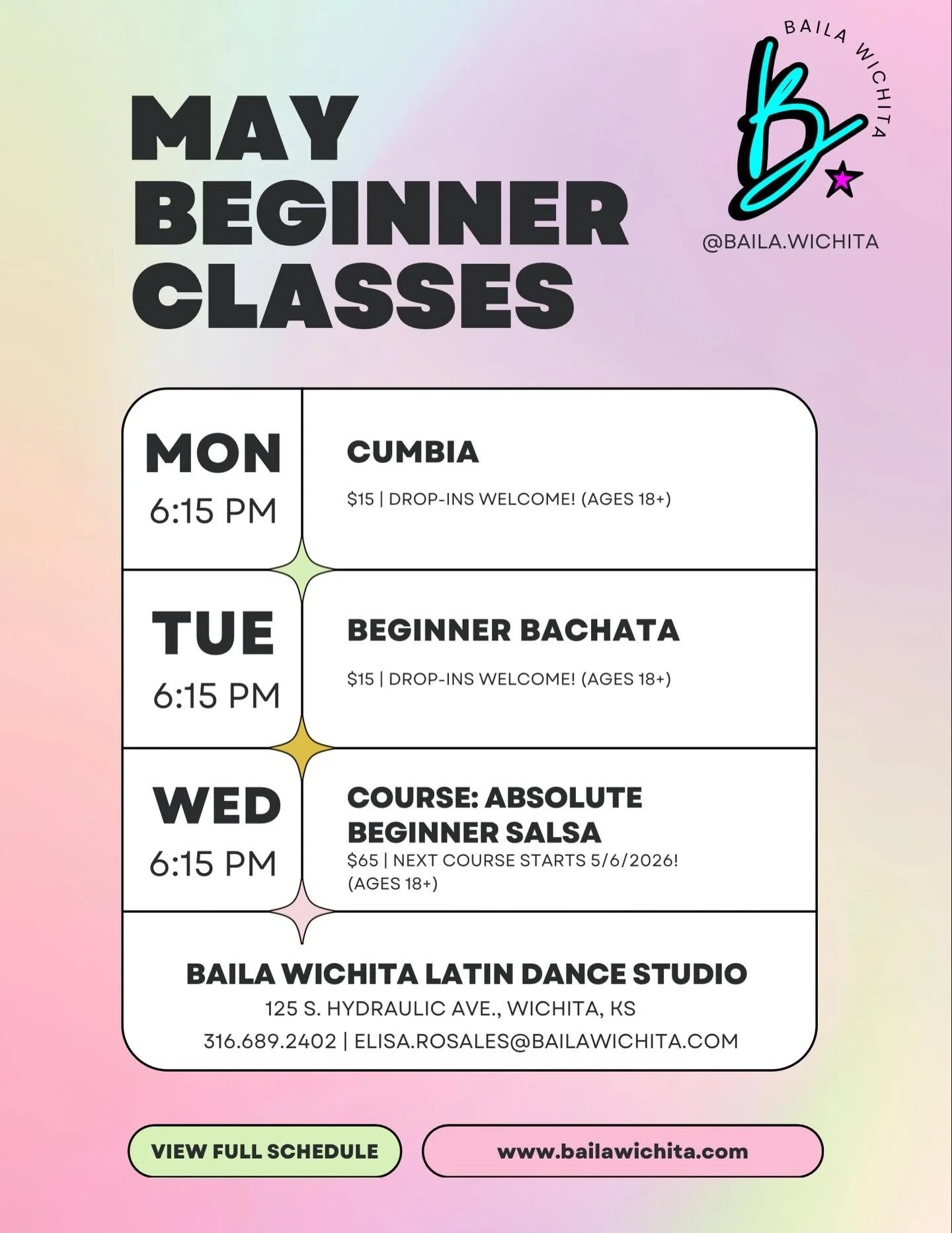 🌷May Beginner Group Dance Classes🌷
Drop-in to our Cumbia or Beginner Bachata classes this month! No need to preregister for these two classes&mdash;simply show up and pay before class. $15 pp

Wanting to learn salsa from scratch? Then register for 