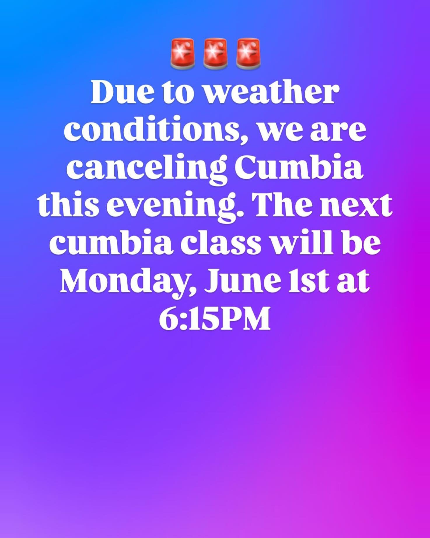 Attention students: No cumbia this evening (5/18). There will also be no class on Memorial Day (5/25).

See you next month!