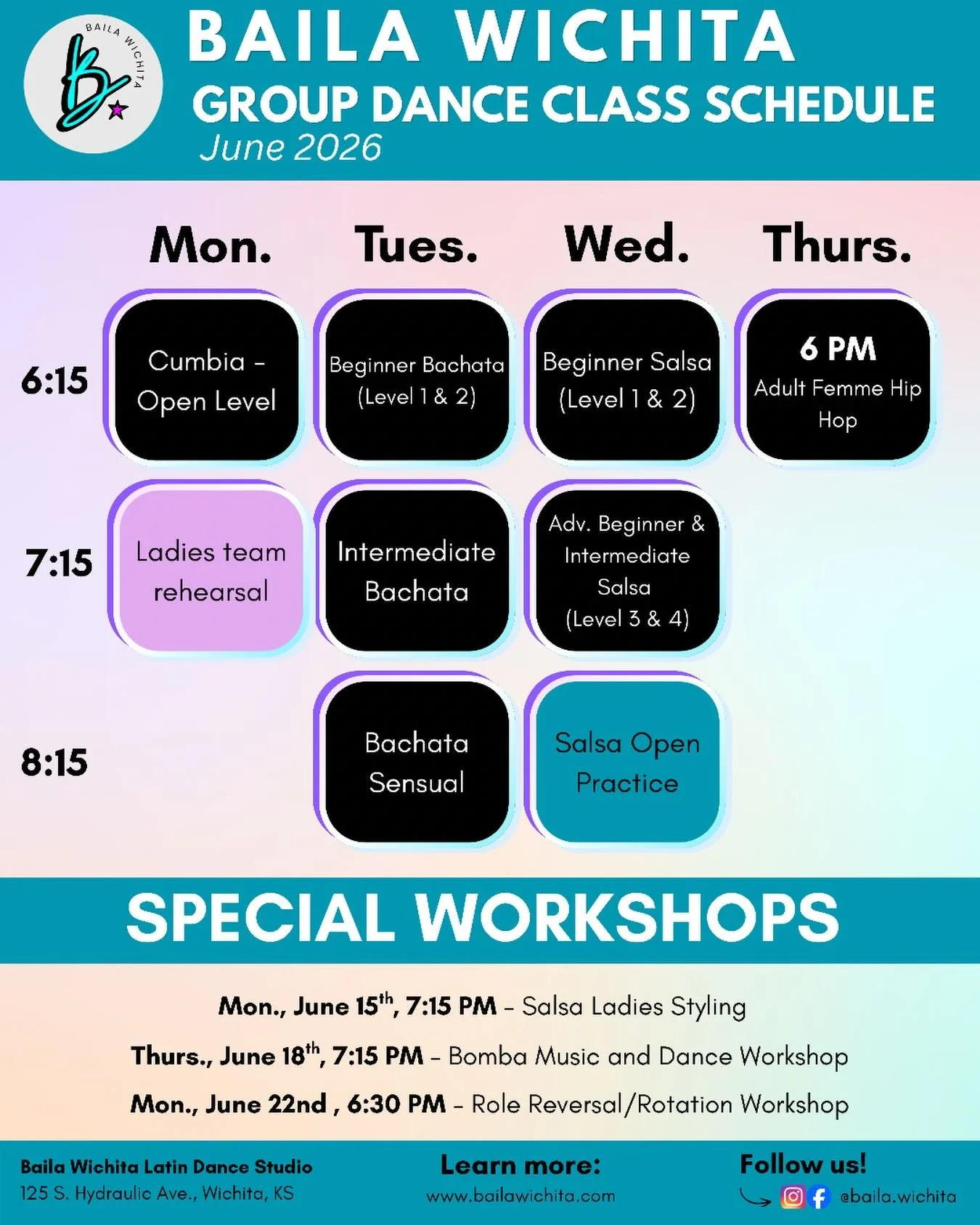June is full of opportunities for dancing! Join us at one of our classes or workshops this month. Sign up on our website bailawichita.com