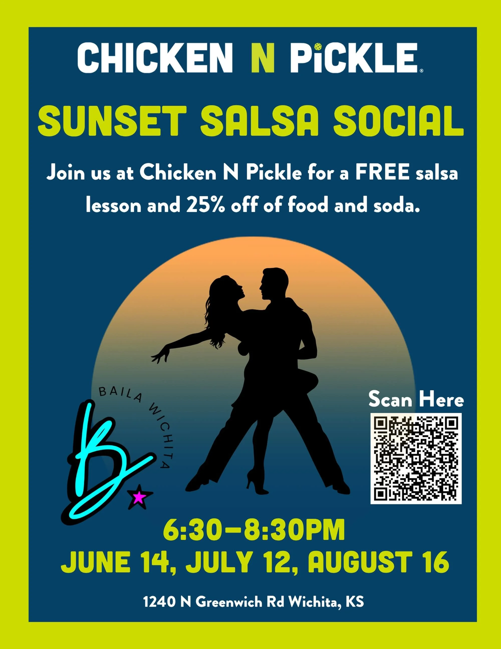 🍗 Chicken N Pickle N SALSA! 💃🏻
Baila Wichita is so excited to be partnering with Chicken N Pickle this summer to offer FREE salsa lessons followed by a dance social.

Join us on the patio June 14, July 12, and August 16 while we dance under the su