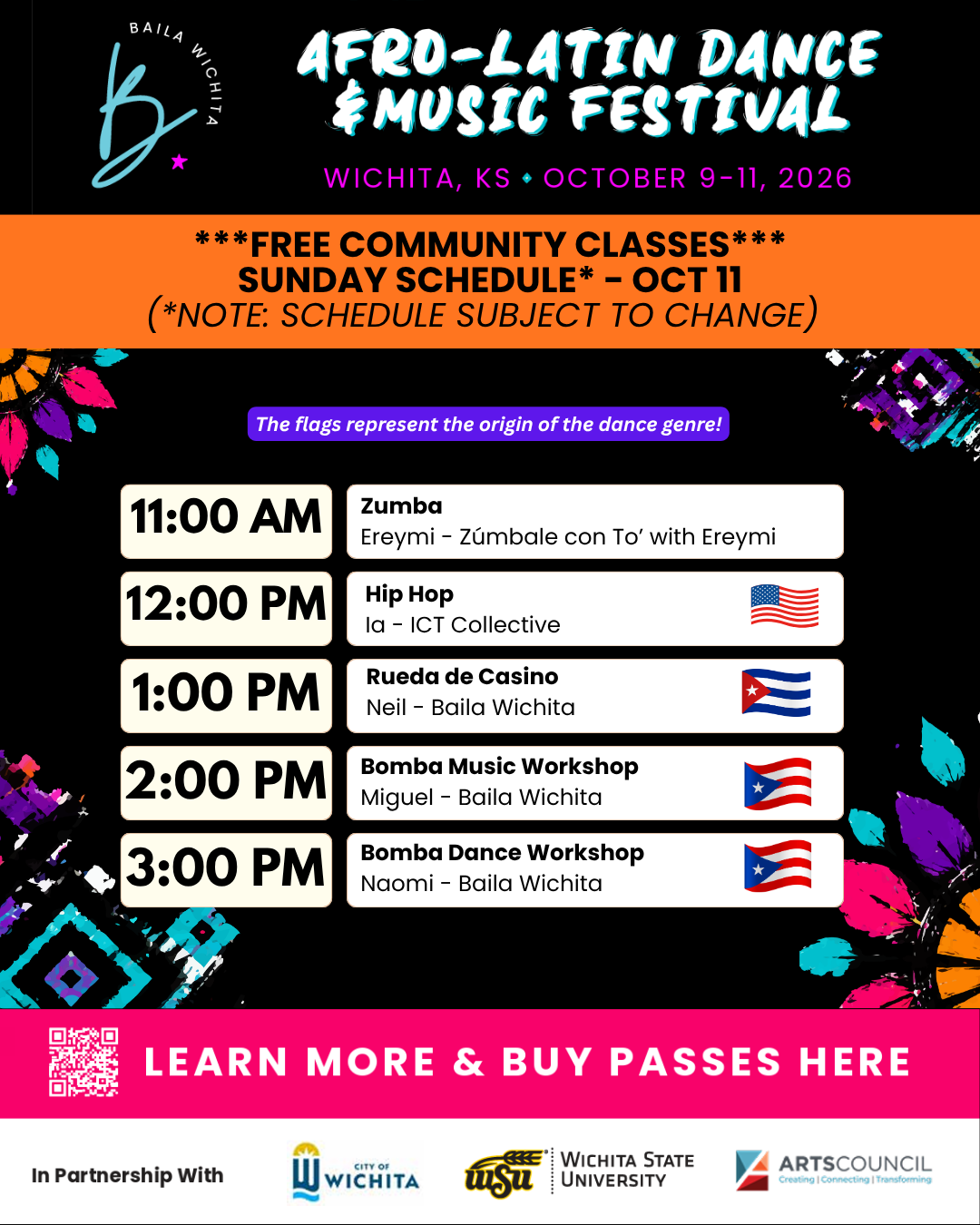 Poster for the Afro-Latin Dance & Music Festival in Wichita, Kansas, October 9-11, 2026. Features schedule of free community dance classes on October 11, including Zumba, Hip Hop, Rueda de Casino, Bomba Music Workshop, and Bomba Dance Workshop, with flags of Cuba and the United States. Bright, colorful design with floral and geometric patterns.