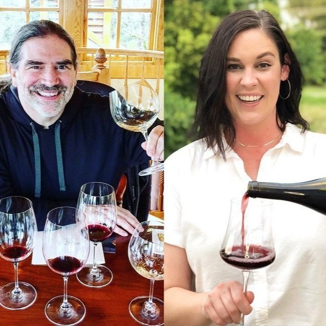 A man and a woman are each holding a glass of red wine. The man is smiling and sitting at a table with four glasses of red wine, inside a wooden house. The woman is outdoors, pouring red wine into her glass, with a background of green trees.