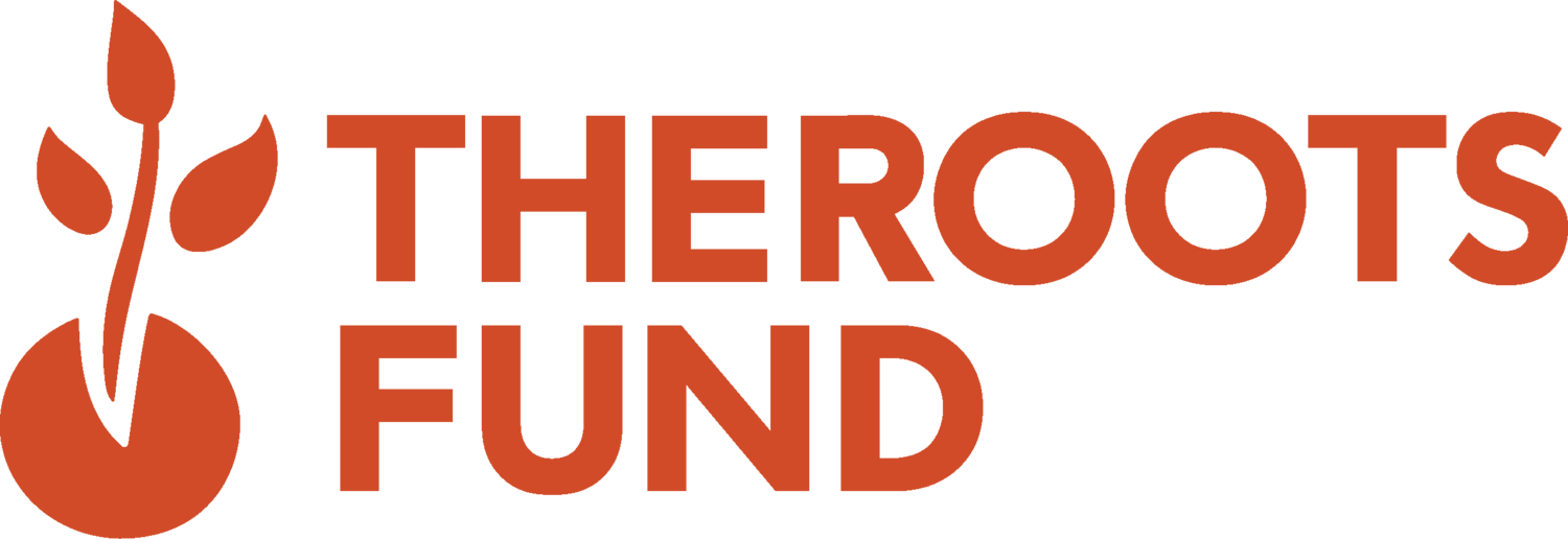 Logo for the Roots Fund featuring a stylized sprout inside a circle with orange text that reads "The Roots Fund".