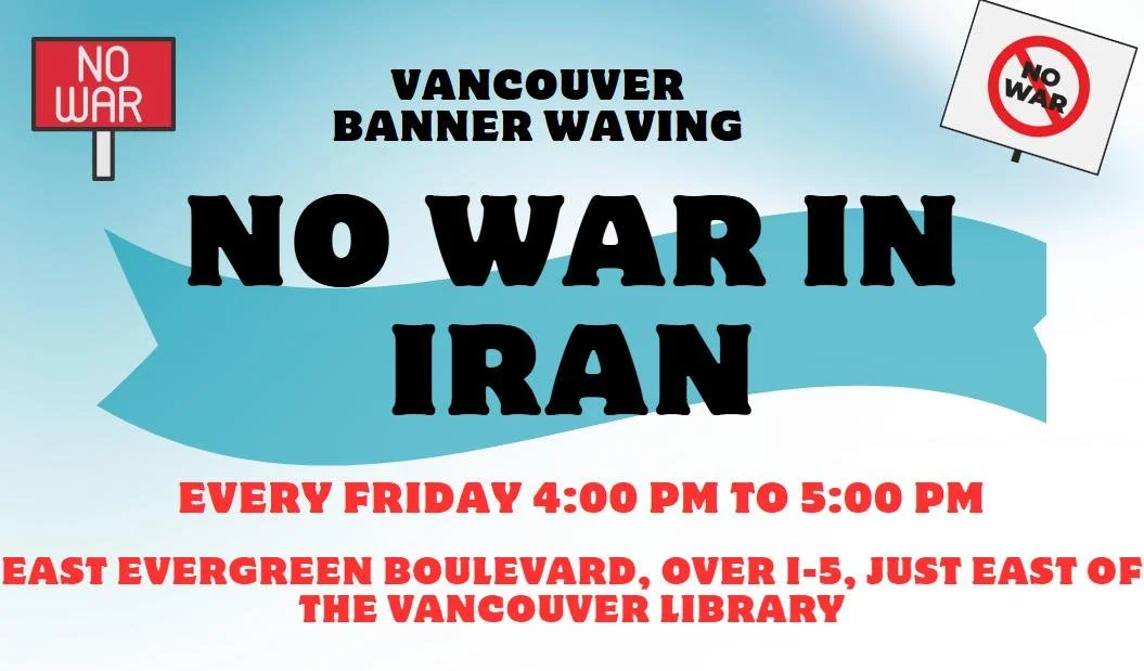 Banner Waving Over I-5: No War In Iran!
