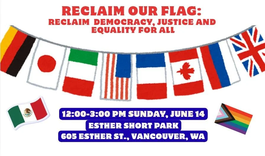 Hanging flags from Germany, Japan, Italy, the US, France, Canada, and the Netherlands, and smaller icons of the Mexican flag and the Pride flag. Text reads: Reclaim Our Flag, reclaim democracy, justice, and equality for all. 12-3 PM Sunday June 14