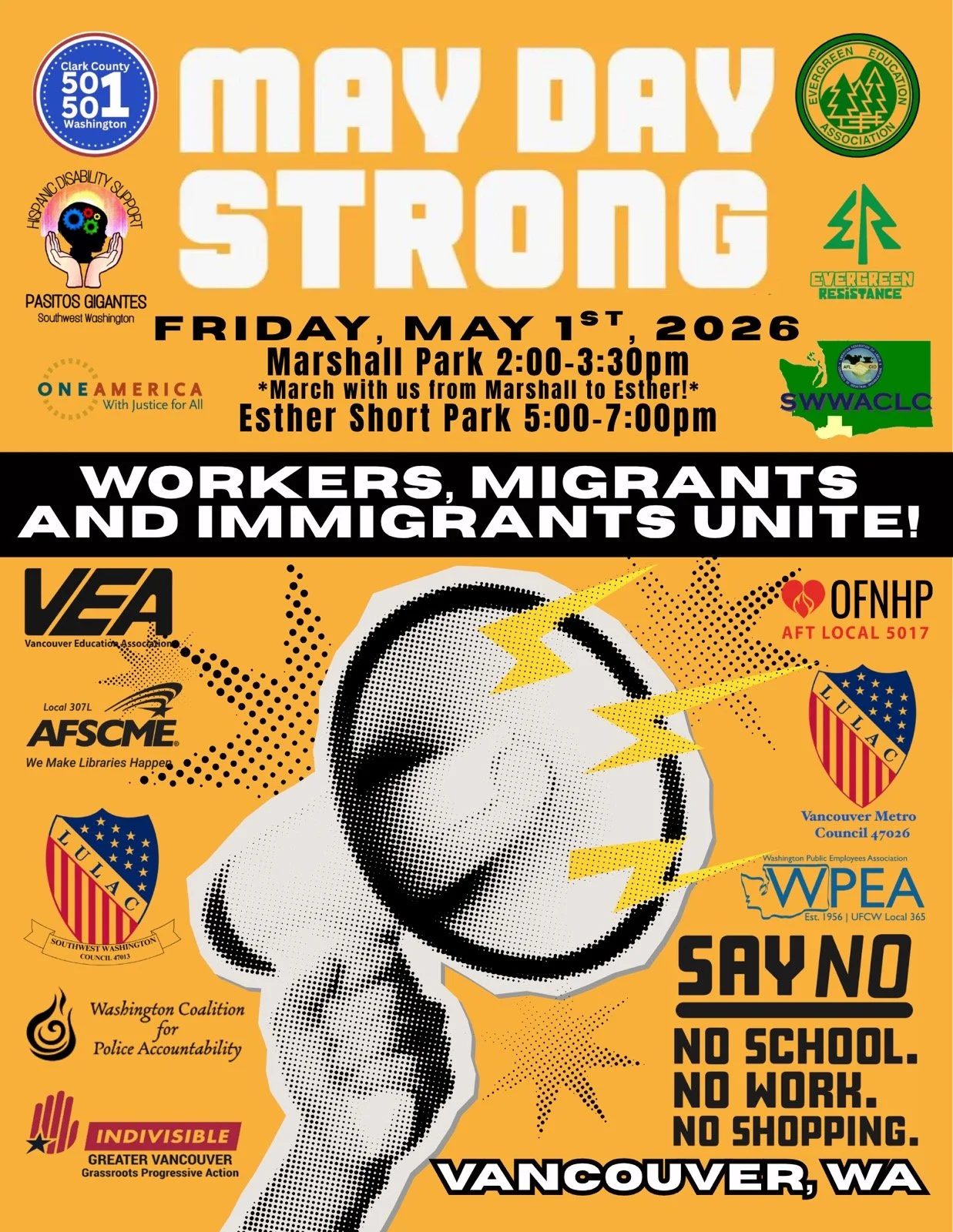 Poster with an image of a megaphone announcing May Day Strong in Vancouver