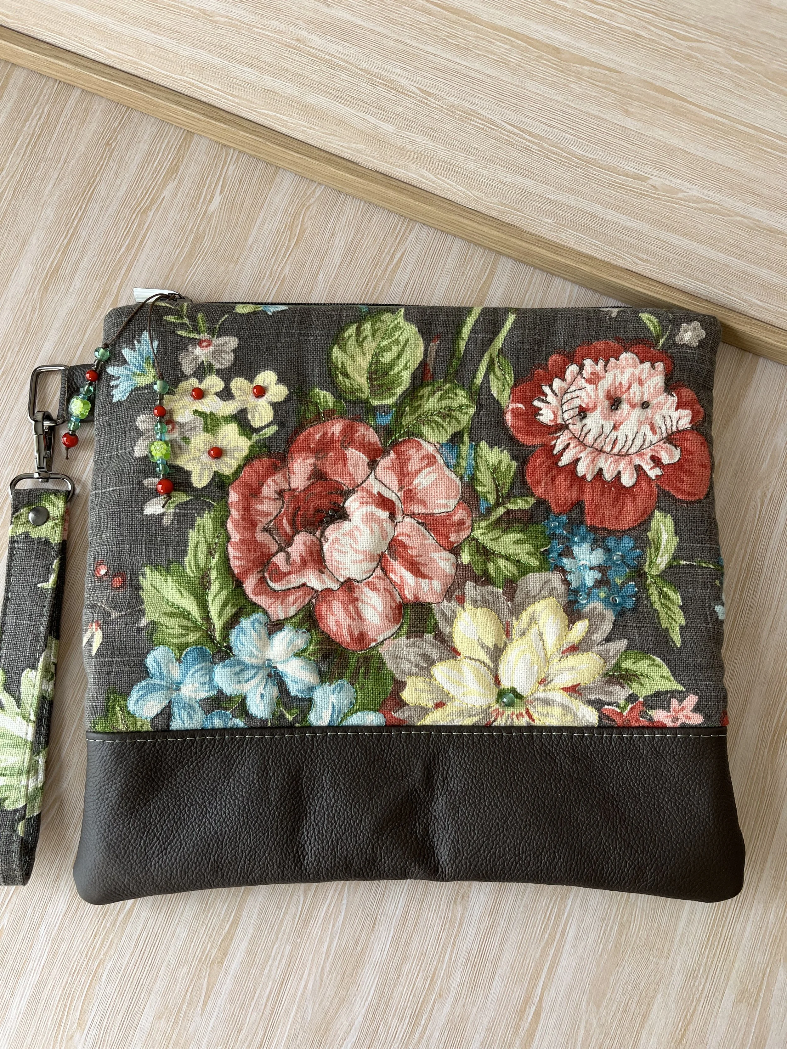 Leather & vintage cotton clutch.