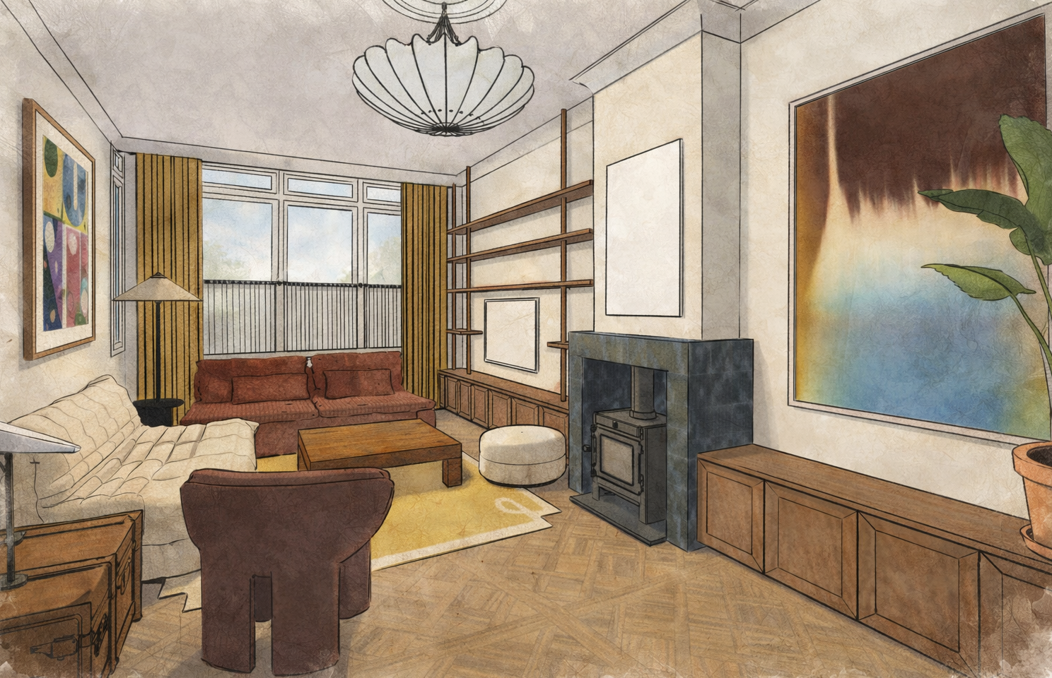 A cozy living room with large windows, yellow curtains, a brown sofa, a beige couch, a wooden coffee table, a fireplace, a white ottoman, and colorful artwork on the walls.