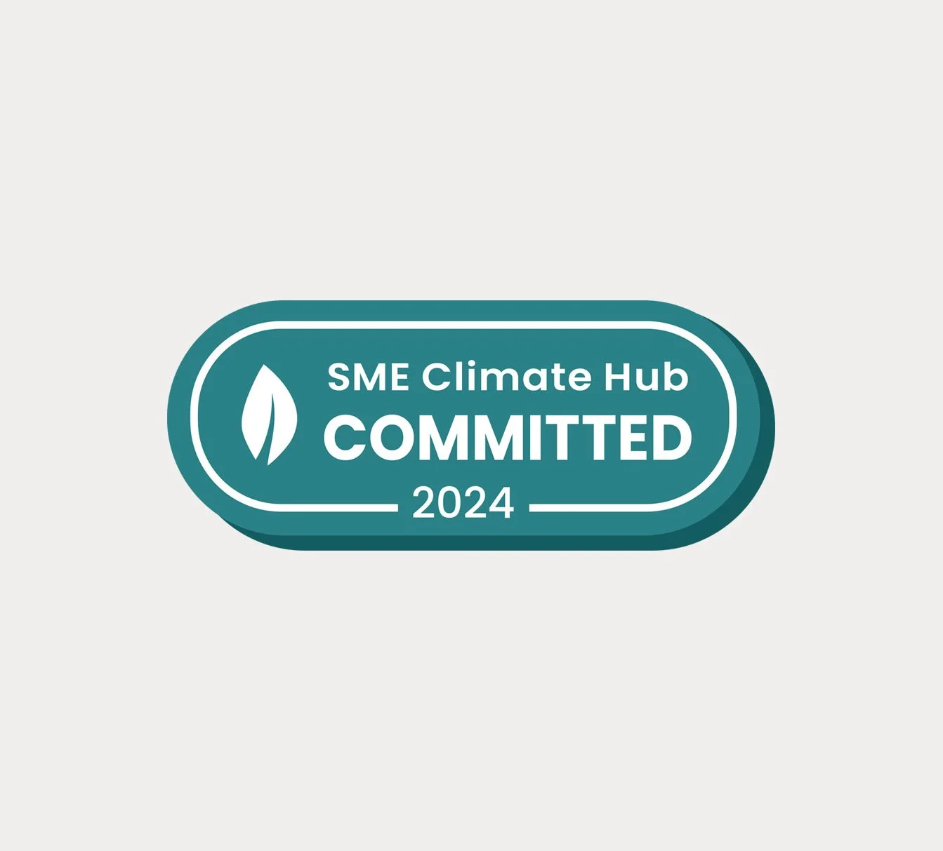 Badge with green and white colors stating 'SME Climate Hub COMMITTED 2024' and a leaf icon.