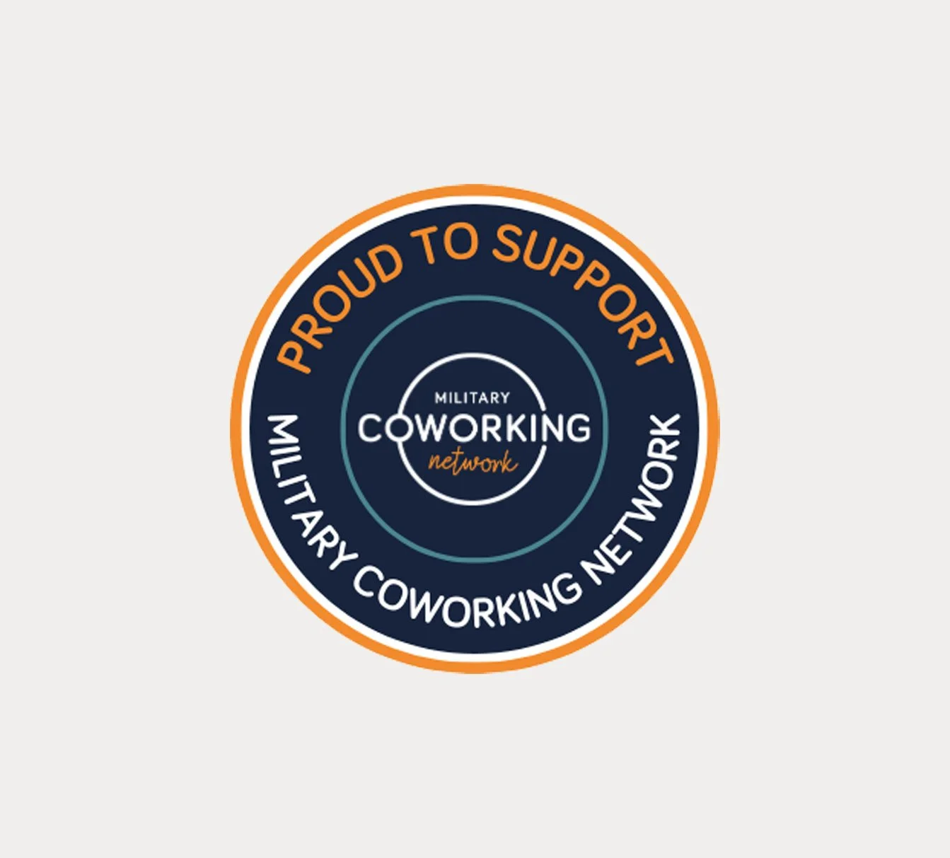 A circular badge with the text 'Support Military Coworking Network' and the words 'Proud to Support' around the perimeter.