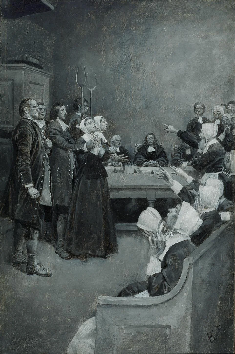 Howard Pyle painting - Two women accused of being witches at the Salem Witch Trials