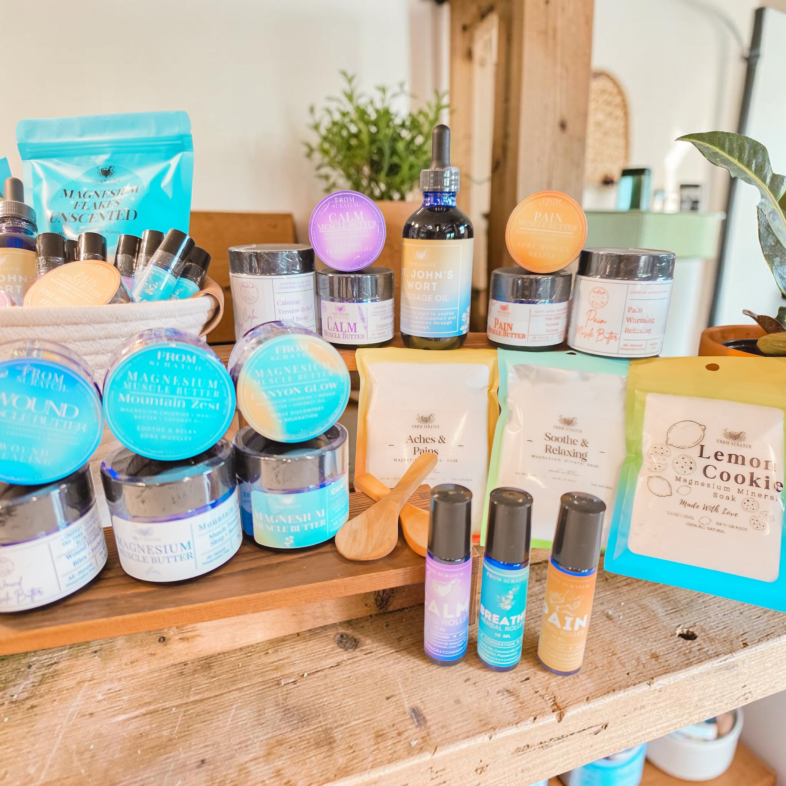 All of our products together to show Muscle Butters, Magnesium Muscle Butters, Mineral Soaks, and Herbal Rollers