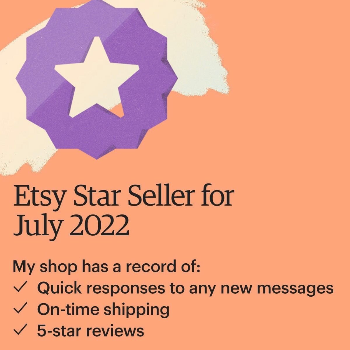 I&rsquo;m a Star Seller on Etsy this month! I missed making the 10th sale required in June by ONE DAY, so after doubling my sales in one month, I finally earned the title! 

Thanks to my AMAZING customers for helping me get here!

www.myrandomwhimsie