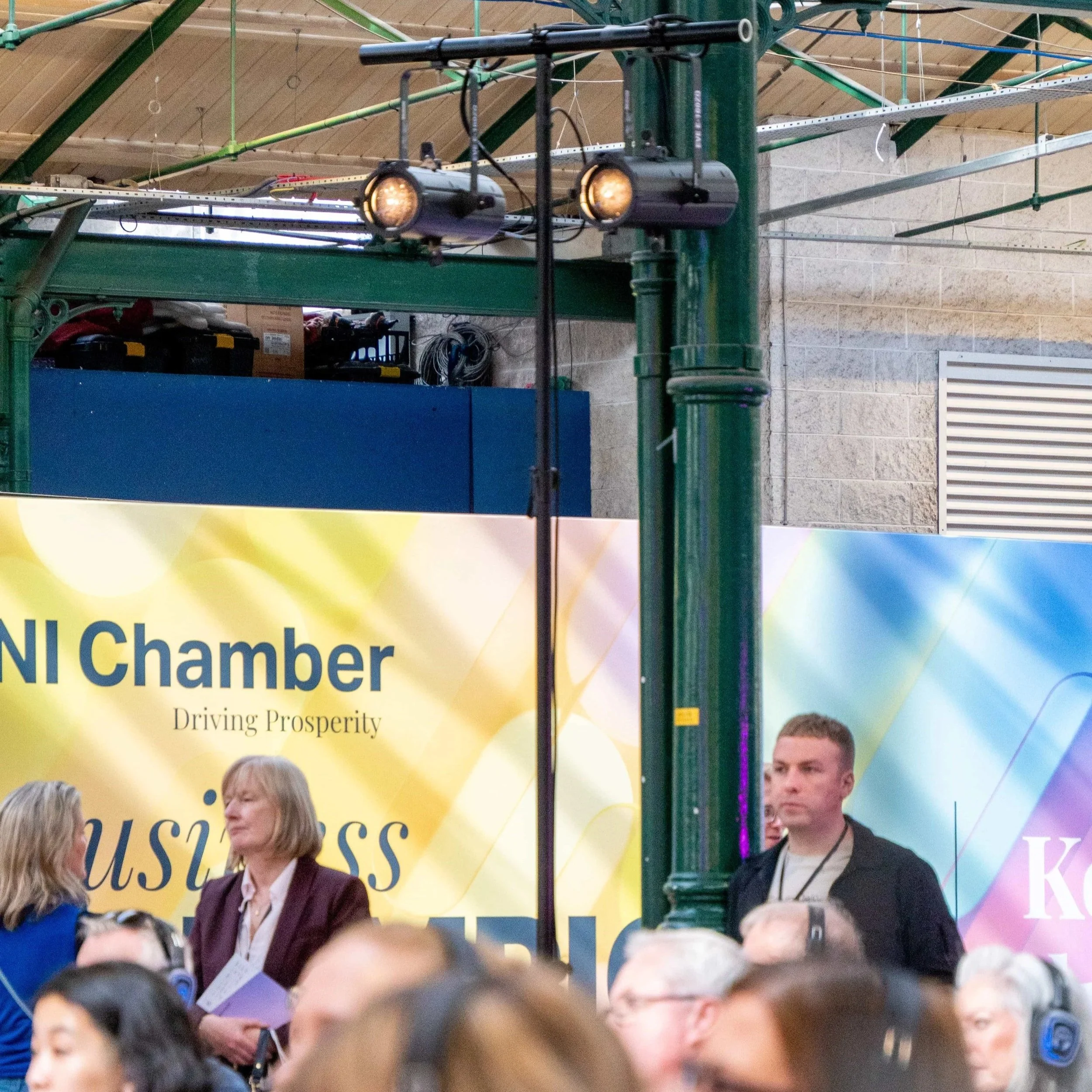 Profile spotlights on a lighting stand providing front light for the main stage at the Festival of Business
