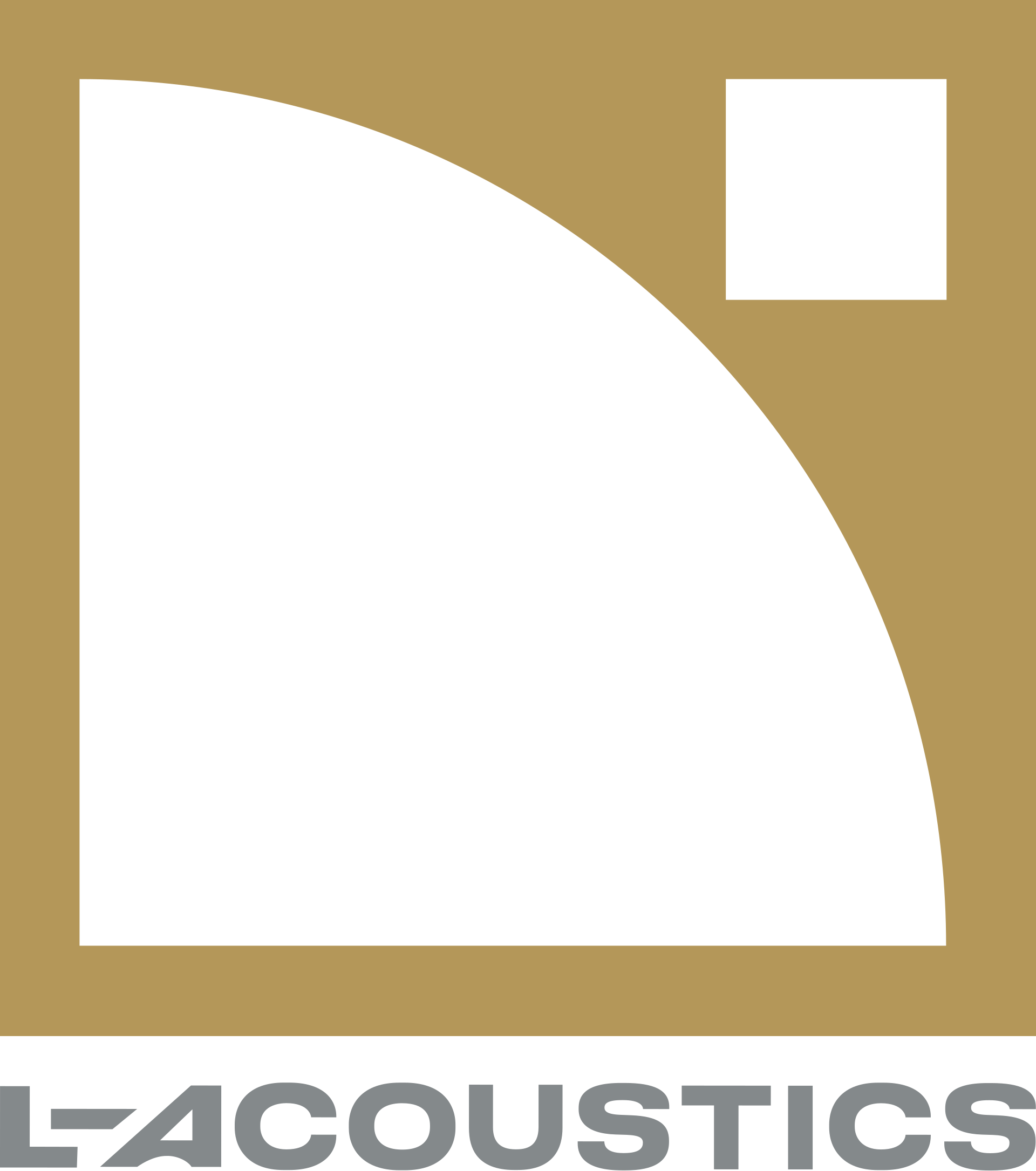 The image features a logo with a large black square and a black semi-circle on a gold background. Below the logo, the word 'ECOUSTICS' is written in bold, uppercase, gray letters.