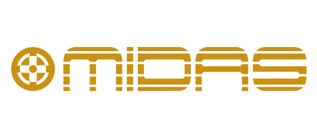 Midas logo with gold lettering and a gold circular emblem on a black background.