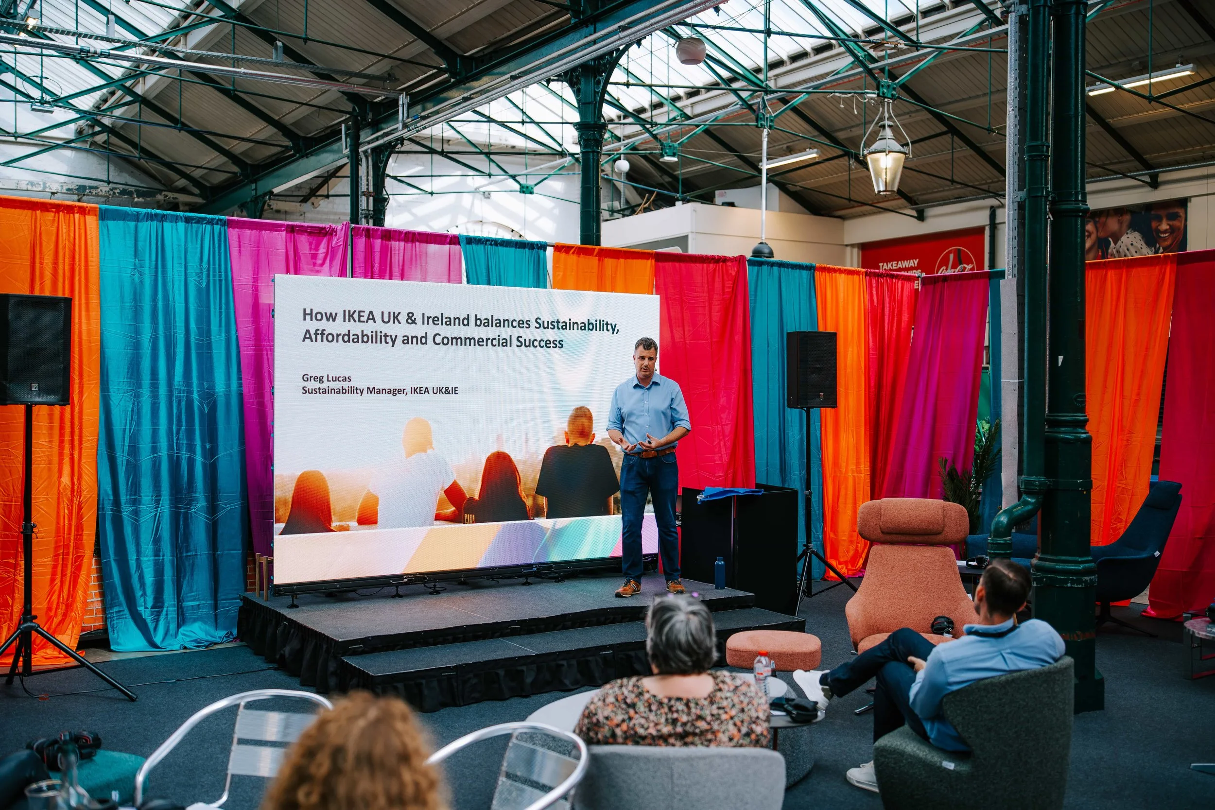 Greg Lucas of IKEA UK and Ireland presenting on the second stage in front of a 3m x 2m LED video wall