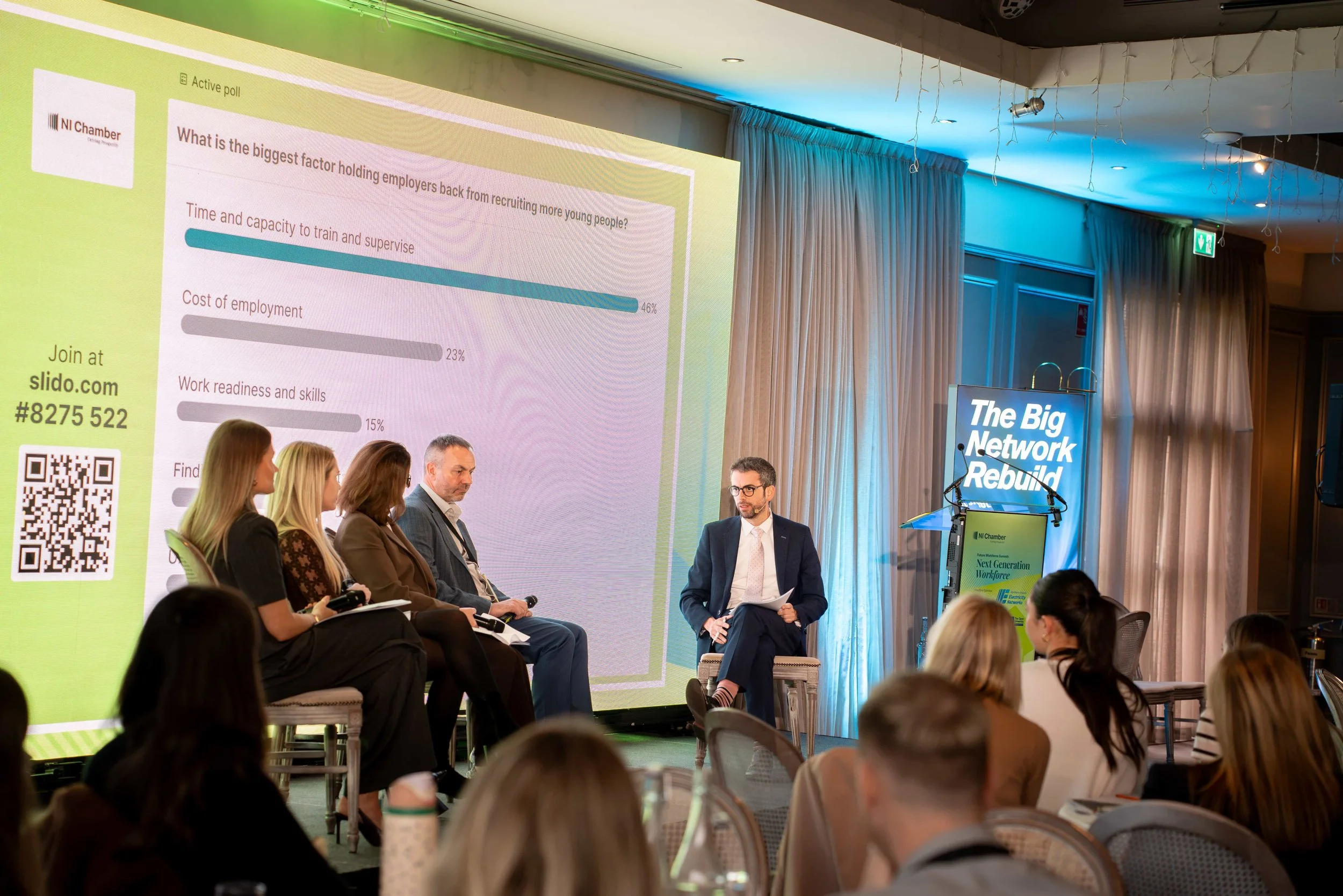 Panel discussion with live audience poll results on the LED wall, beside blue uplit drapes at Clandeboye Lodge, Bangor