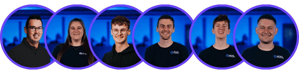 Group of six young adults, five men and one woman, smiling in front of a blue background, with purple circles around each person.