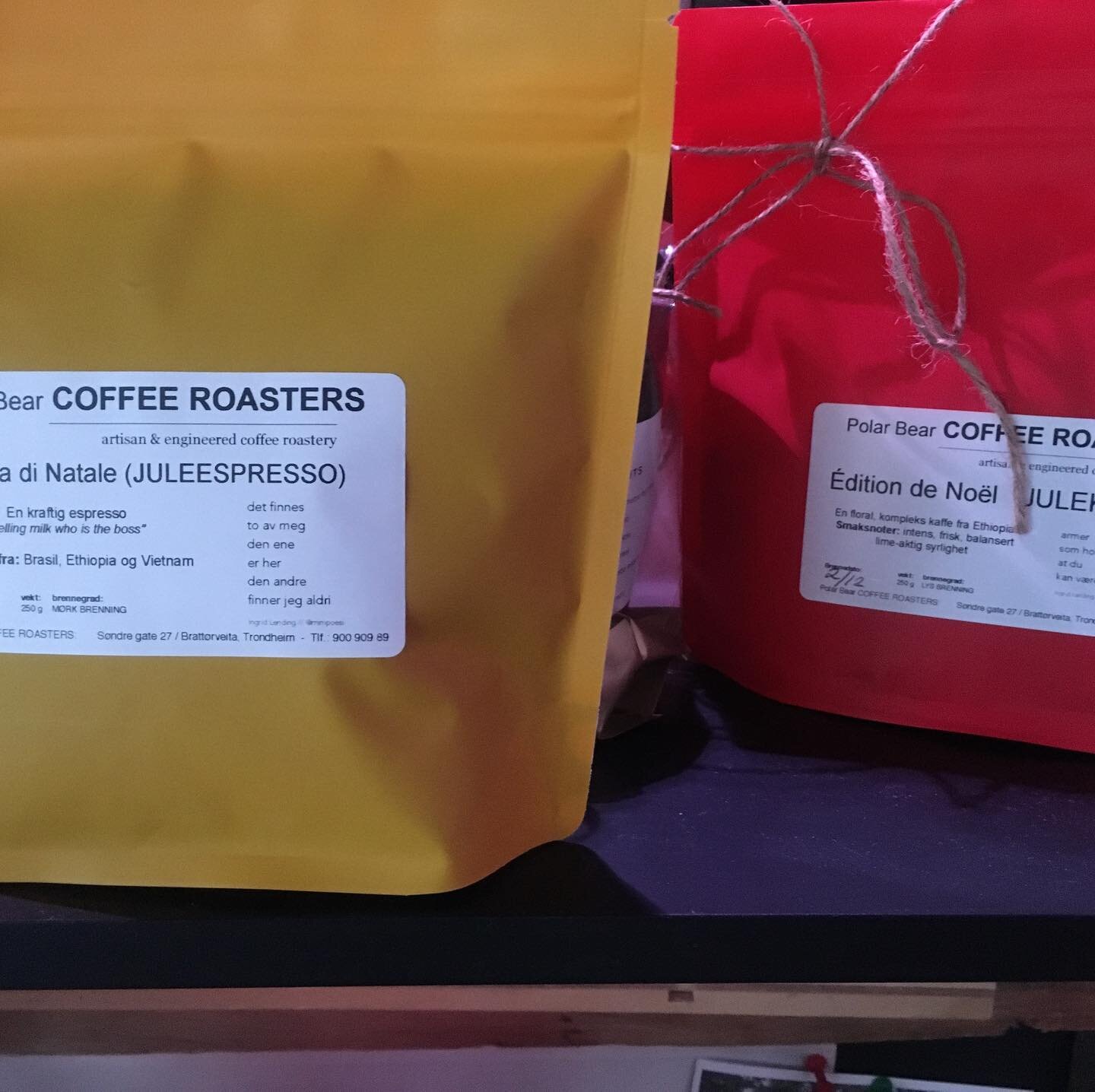 ....for the record, produced locally in Bratt&oslash;rveita: Julekaffe, &Eacute;dition de No&euml;l, Miscela di Natale; we have pimped the labels with poems by @minipoesi  #poem #st&oslash;ttlokalt #trondheim #polarbearcoffeeroasters #specialtycoffee