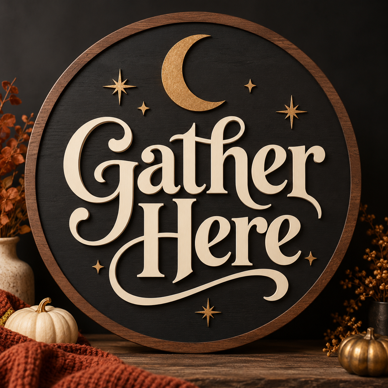 Concept rendering of Gather Here layered seasonal wood sign
