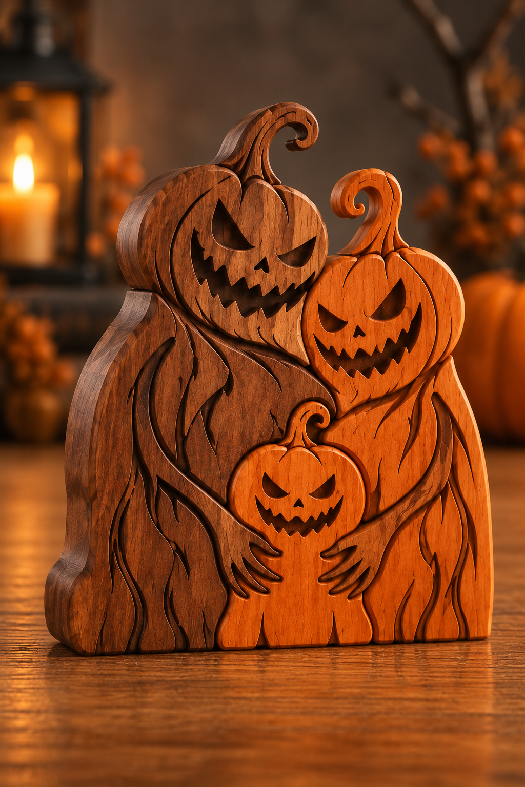 Concept mockup of a wooden pumpkin creature family Halloween keepsake