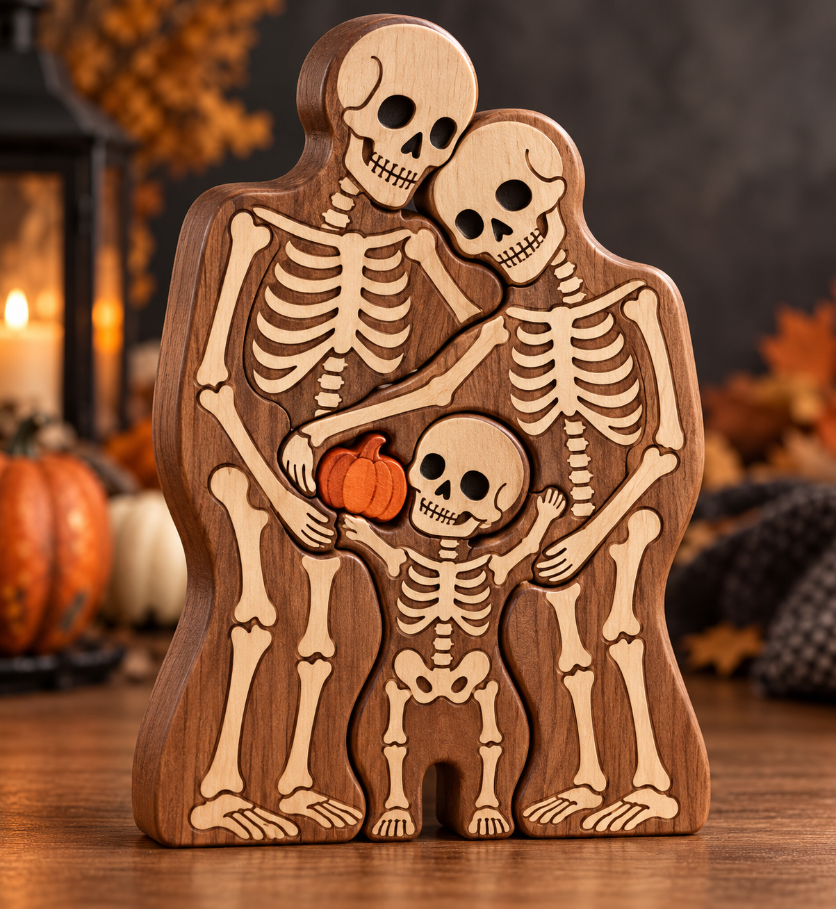 Concept mockup of an interlocking wooden skeleton family Halloween keepsake