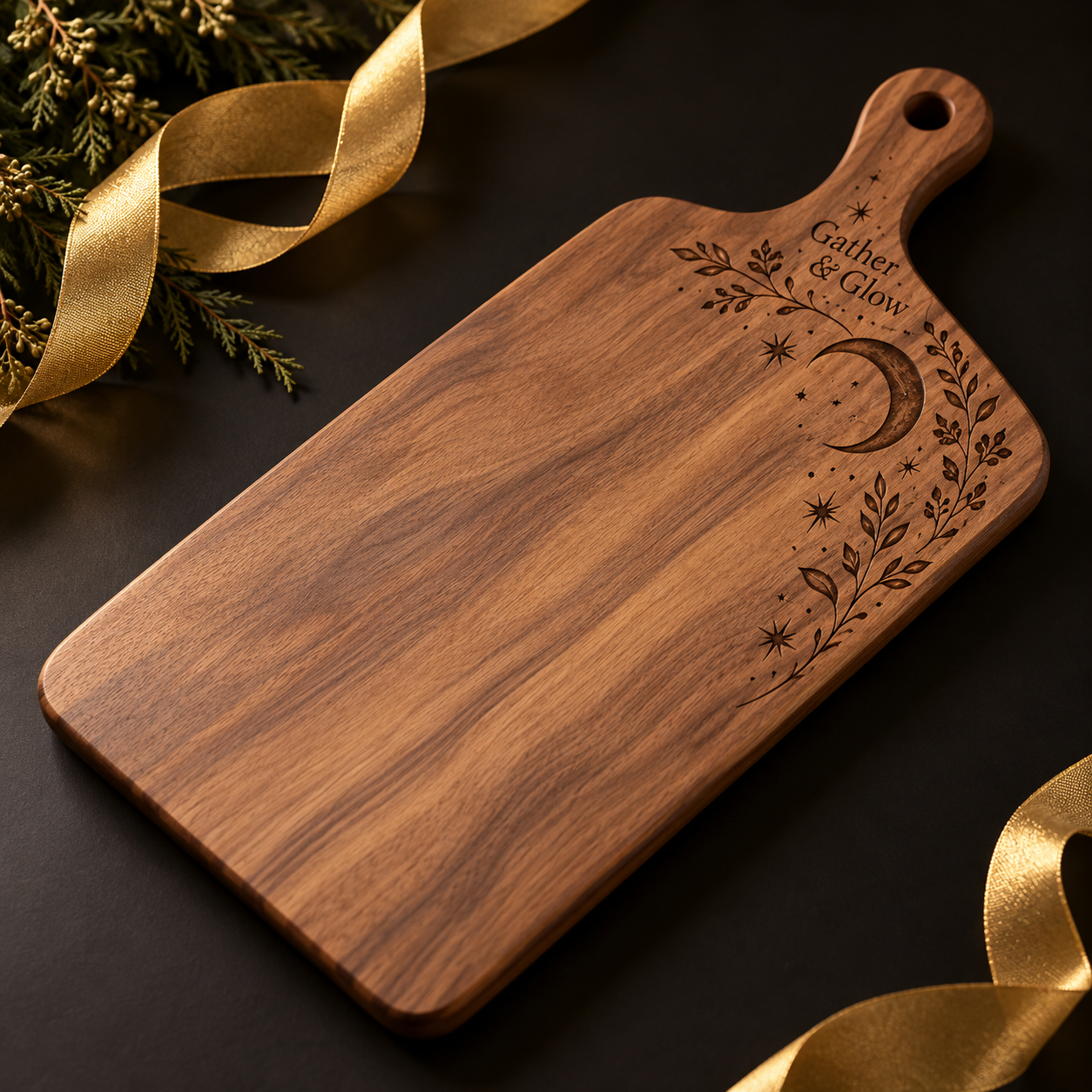 Concept rendering of personalized Gather & Glow engraved wood serving board