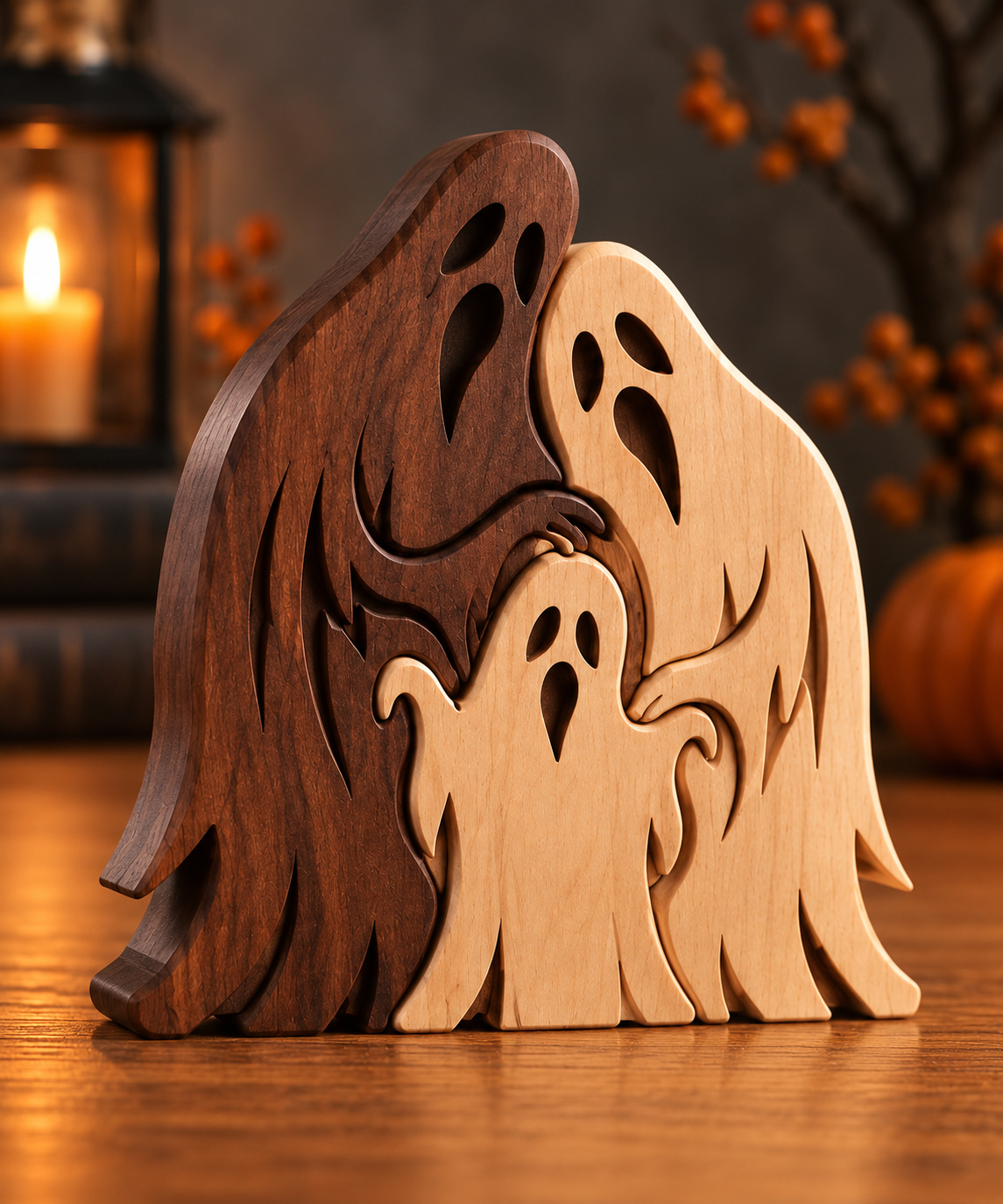 Concept mockup of an interlocking wooden haunted ghost family keepsake