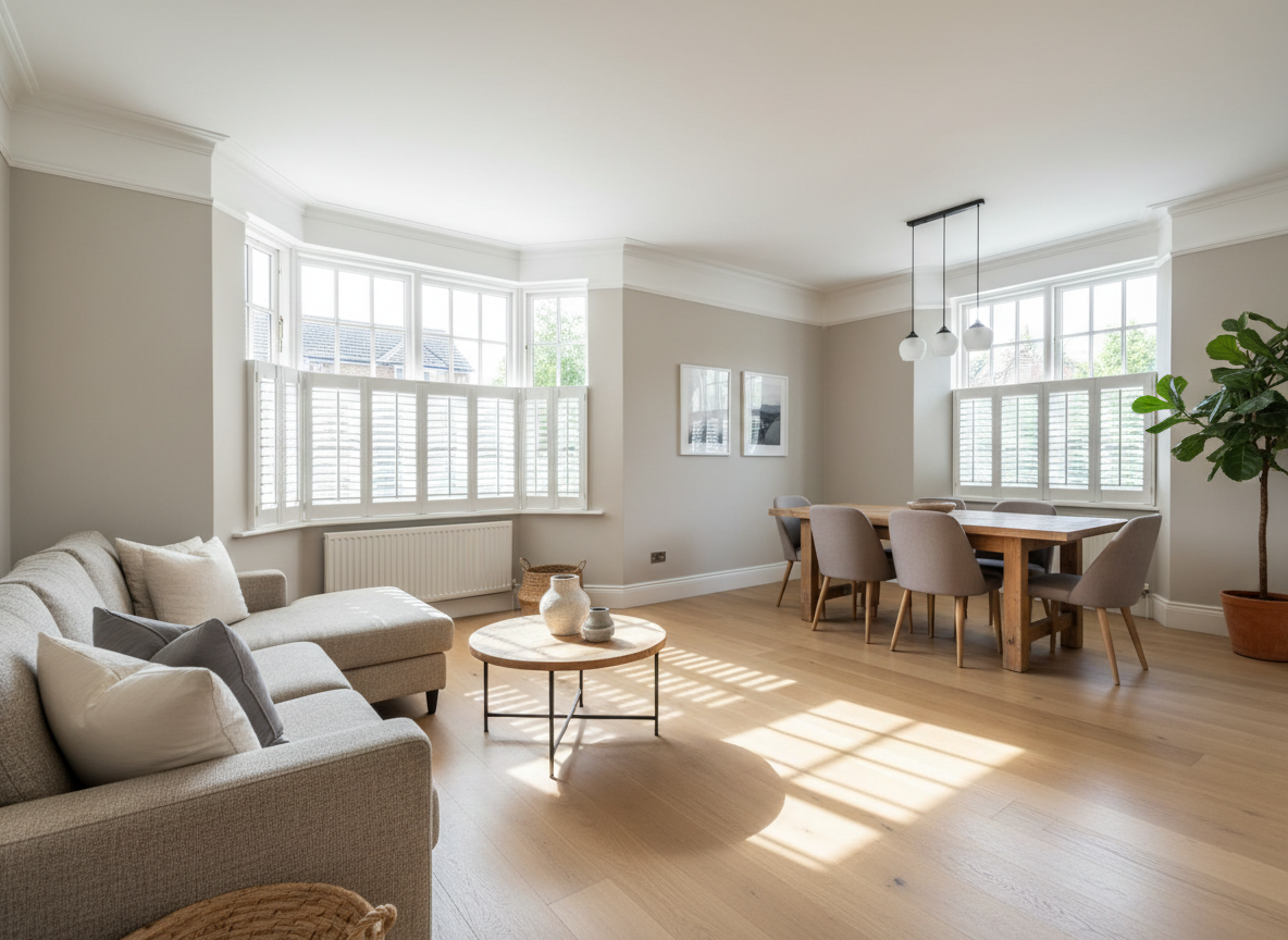 Bright living and dining room with large windows, beige sofa with pillows, small round coffee table with decorative vases, wooden dining table with six gray upholstered chairs, light wood flooring, and a large potted plant.