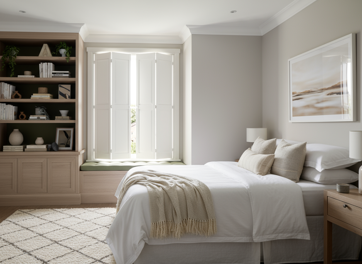 A minimalist bedroom with a large bed, neutral-colored bedding and pillows, a nightstand with a lamp, a framed artwork above the bed, and a built-in window seat with closed white shutters, and a bookshelf with decorative items and books in the corner.